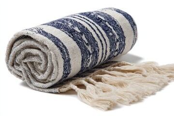 Aufkleber - Textured woven blanket with fringes resting on a surface in soft natural light