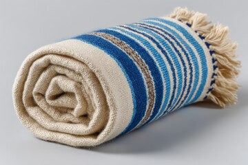Poster - Soft woven blanket with blue and beige stripes used for cozy indoor lounging