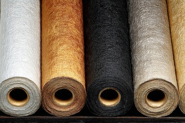 Poster - Crafting with diverse rolls of textured paper in a workstation showcasing vibrant colors and natural materials