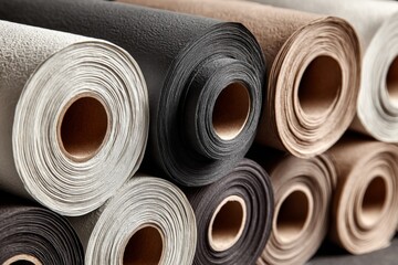 Poster - Detailed collection of rolled textured papers in various colors stacked together in a workshop setting