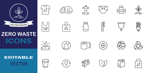 Fototapete - Zero waste icon set. Collection of eco, including recycling, pollution, landfill, waste management, composting, trash and more outline symbol. Vector illustration.