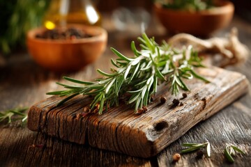 Poster - Freshly picked rosemary sprig on rustic wooden table in cozy kitchen setting with spices and herbs