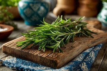 Poster - Freshly cut rosemary on a rustic wooden chopping board in a cozy kitchen setting