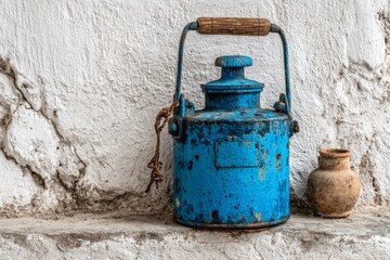 Aufkleber - Vintage blue metal container with wooden handle displayed against a rustic wall