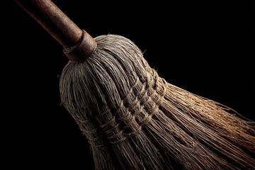 Poster - Close-up view of a rustic broom with detailed bristles in a dark setting highlighting its texture and craftsmanship