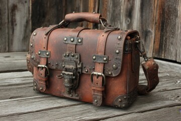Poster - Vintage leather suitcase with metal accents sitting on rustic wooden surface in natural light