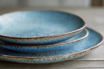 Poster - Stack of blue ceramic plates on a wooden surface ready for a meal setting