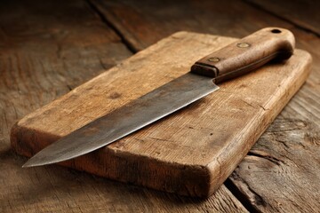 Poster - Old cutting knife on a rustic wooden board with natural lighting revealing its worn handle and blade