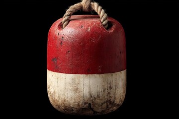 Poster - Vintage fishing buoy with red and white design displayed against a dark background emphasizing its weathered texture and craftsmanship