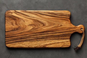 Leinwandbilder - Wooden cutting board with unique grain patterns placed on a dark textured surface in a well-lit kitchen setting