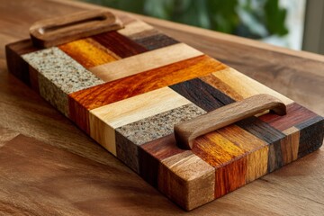 Poster - Handcrafted wooden serving tray made from various wood types displayed on a wooden table in a bright kitchen setting