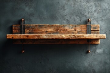 Aufkleber - Rustic wooden shelf with metal brackets mounted against a textured dark wall in a contemporary interior space