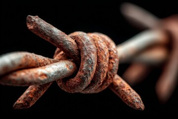 Aufkleber - Close-up view of rusted barbed wire twisted together under soft lighting against a dark background showcasing detailed textures