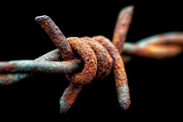 Aufkleber - Rusty barbed wire knot with a dark background showcasing weathering and decay details