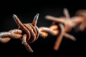 Aufkleber - Rusty barbed wire close-up against a dark background highlighting texture and age