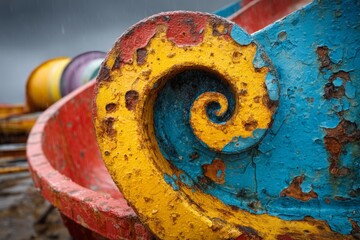 Aufkleber - Colorful swirl design on a weathered fishing boat in a coastal harbor during a rainy day