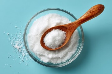 Poster - Bowl of white salt with wooden spoon resting on turquoise surface ready for culinary use
