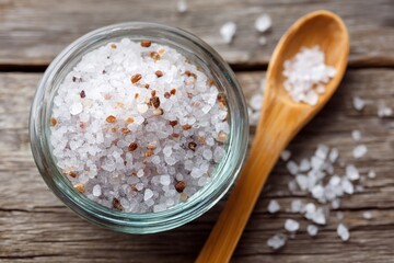 Poster - Gourmet sea salt displayed in glass jar with wooden spoon on rustic wooden table