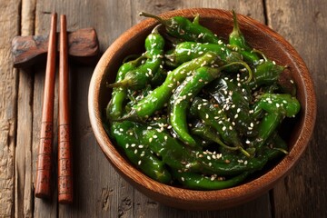 Poster - Deliciously charred green peppers garnished with sesame seeds in a wooden bowl alongside chopsticks