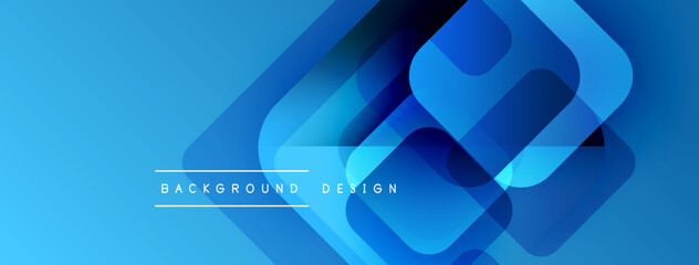 Poster - Abstract blue design features overlapping rounded squares. Gradient shades create depth, modern aesthetic. Text reads background design.