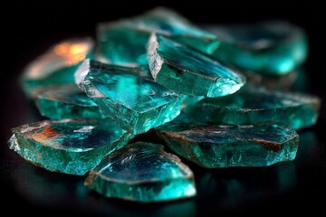 Aufkleber - Beautifully cut teal gemstones shining with brilliant reflections against a dark background