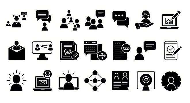 Black silhouette style vector icons of business and communication