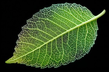 Poster - Intricate details of a green leaf showcasing its vein structure against a black background