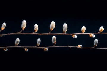 Poster - Soft white catkins emerge from delicate branches against a dark background in early spring