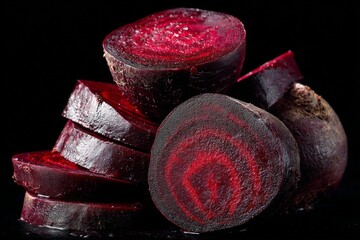 Poster - Freshly sliced beetroots stacked on a dark surface showcasing vibrant colors and textures in natural light
