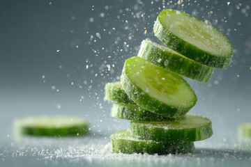 Poster - Sliced cucumbers sprinkled with sugar creating a refreshing visual effect in a minimalist setting