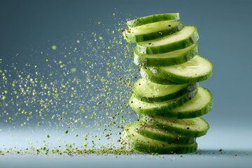 Poster - Cucumber slices arranged in vibrant stack with seasoning creating a dynamic effect
