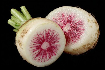 Poster - Vibrant radish slices showcase striking patterns and colors in a close-up composition against a dark background