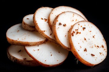 Poster - Sliced radish root showcasing textures and unique speckles on a dark background