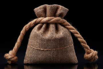 Poster - Brown burlap sack tied with rope on a black background showcasing its texture and rustic appeal