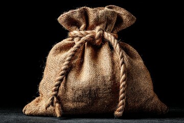 Poster - Textured burlap sack tied with rope on a dark background, showcasing craftsmanship and simplicity