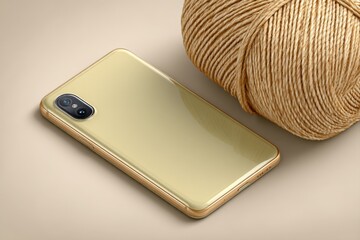 Poster - Modern smartphone resting beside a ball of yarn on a neutral background showcasing sleek design and texture contrasts