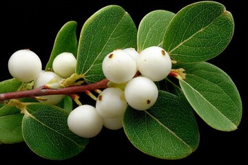 Poster - White berries on green leaves captured in a close-up display in a studio setting