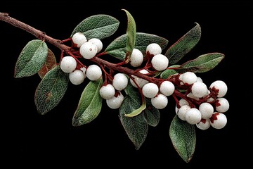 Poster - Cluster of white berries on a branch with green leaves against a dark background during autumn