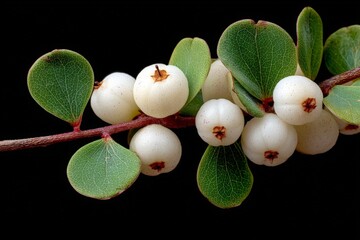 Aufkleber - Close-up view of a branch featuring small white berries and green leaves in a striking dark background