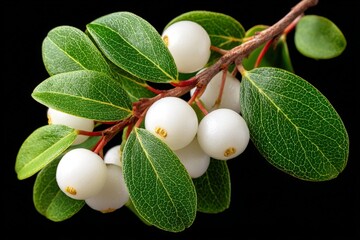 Aufkleber - White berry cluster on green leaves captured in close-up detail against a dark backdrop