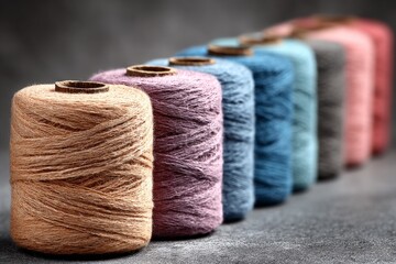 Aufkleber - Colorful spools of thread arranged in a row showcasing various shades on a textured background