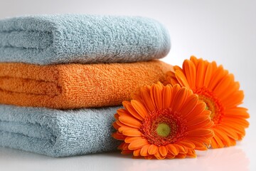 Poster - Colorful towels and bright orange gerbera daisies arranged harmoniously on a clean surface in a simple indoor setting