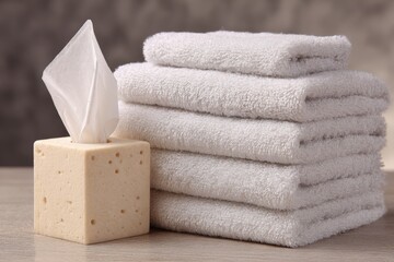 Poster - Soft gray towels stacked beside a decorative tissue holder on a neutral-toned surface in a calming indoor space