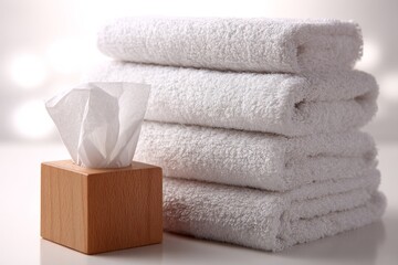Poster - Soft white towels stacked next to a wooden tissue box in a serene indoor setting
