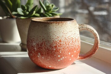 Poster - Ceramic mug with speckled design sits on windowsill beside succulent plants in soft natural light