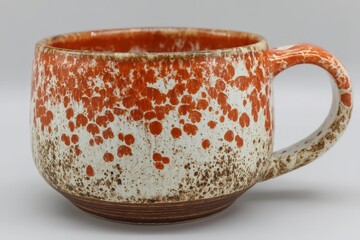 Poster - Handmade ceramic cup with unique orange and white speckled design, ideal for tea or coffee