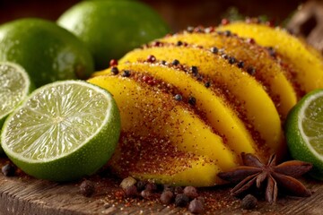 Poster - Fresh mango slices with lime wedges and spices arranged on a wooden board in a vibrant kitchen setting