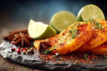 Poster - Spicy grilled squash slices served with lime and aromatic spices on a rustic wooden table