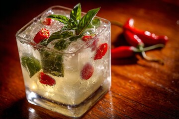 Poster - Refreshing cocktail with herbs and spicy chili peppers in a cozy indoor setting at sunset