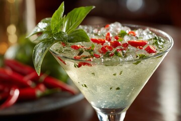 Poster - Refreshing cocktail with basil and chili served in a chilled glass at a trendy bar during a summer evening
